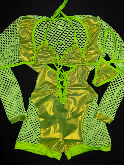 Metallic Neon Green Spandex One-Piece Romper Lingerie Outfit