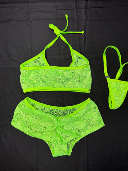Neon Green Lace Sports Bra/Shorts Lace Lingerie Outfit