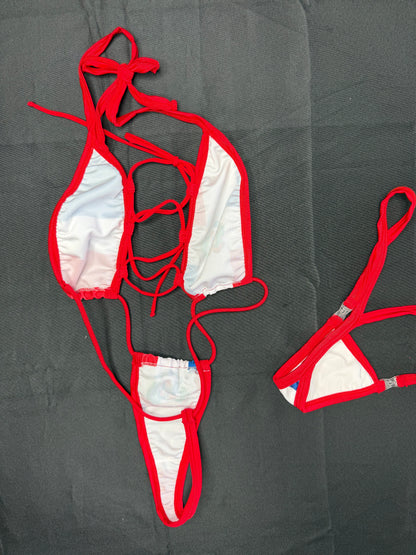 Dominican Print Spandex/Red Spandex One-Piece Sling-Shot Lingerie Outfit