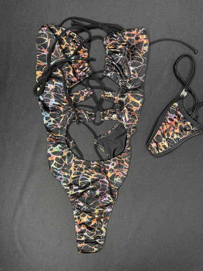 Black/Copper Spandex One-Piece Lingerie Outfit