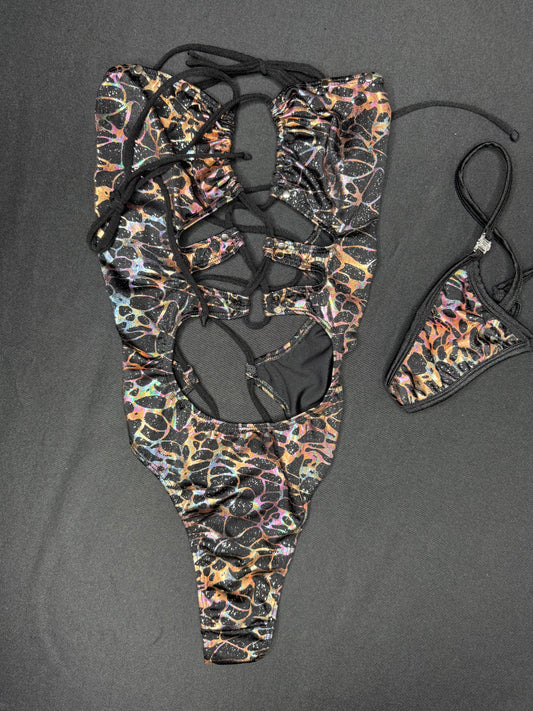 Black/Copper Spandex One-Piece Lingerie Outfit