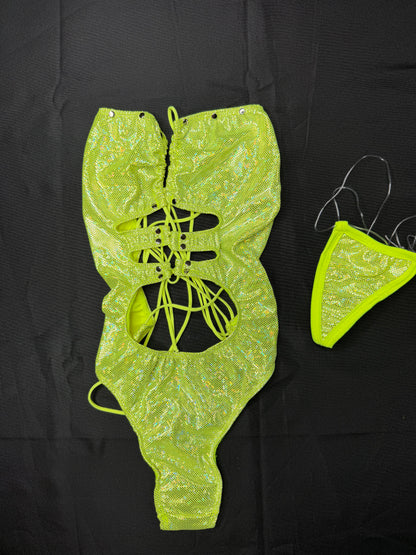 Metallic Yellow Spandex One-Piece Lingerie Outfit