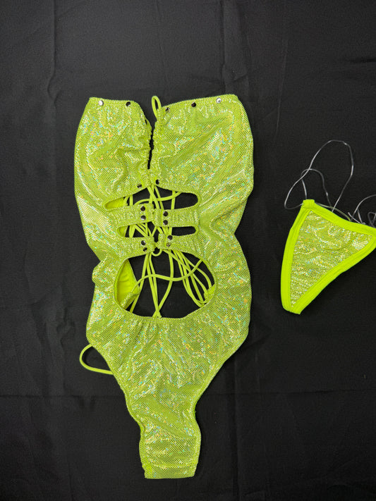 Metallic Yellow Spandex One-Piece Lingerie Outfit