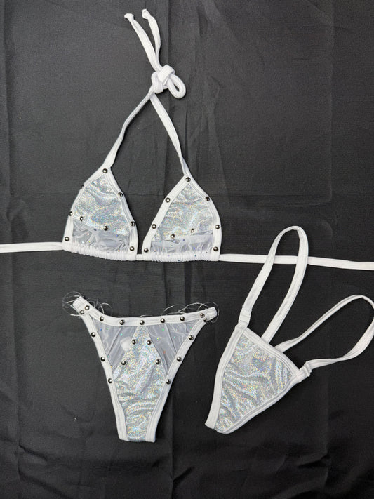 Silver/White Spandex Two-Piece Lingerie Outfit