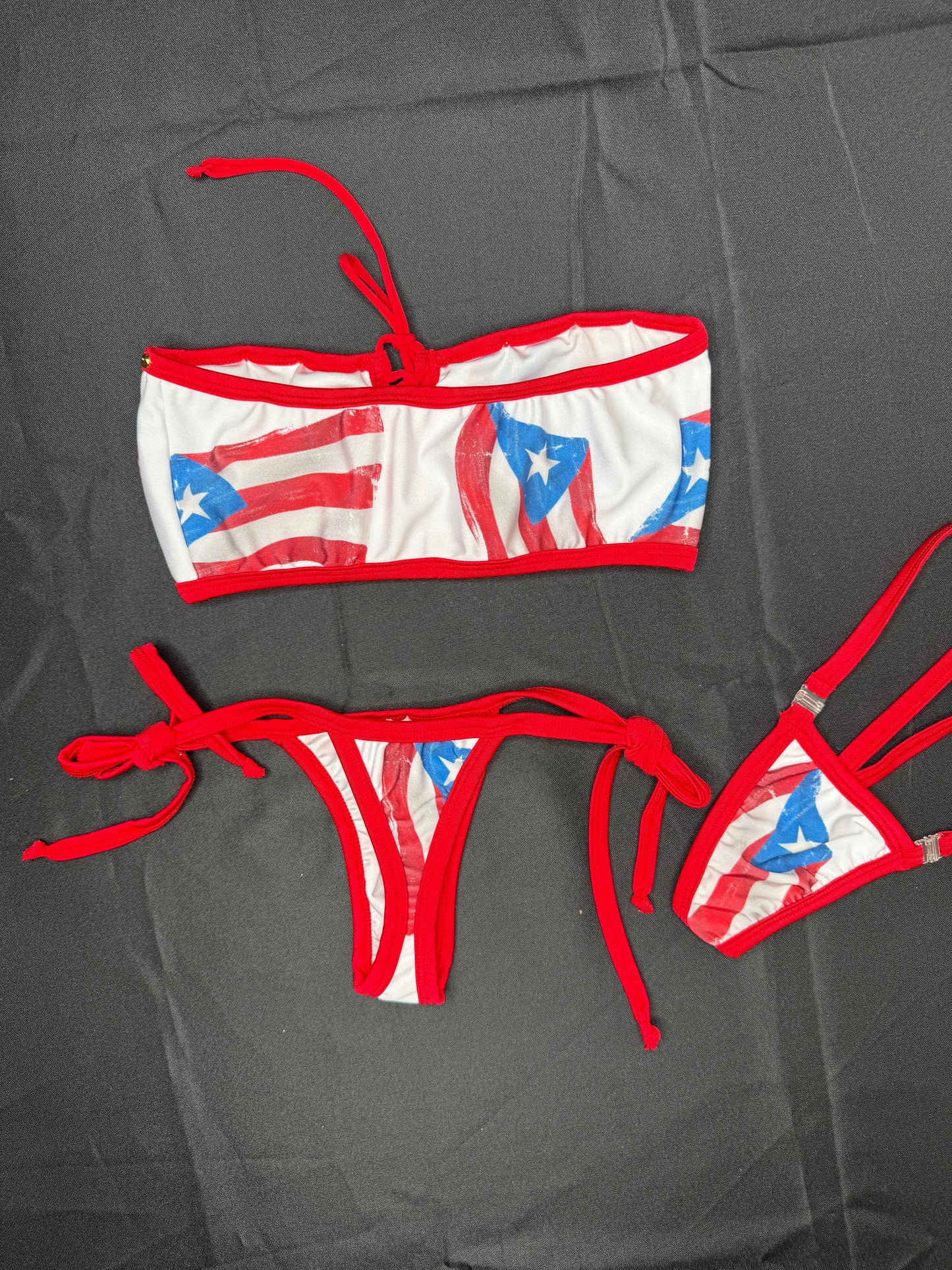 Puerto Rico Print Spandex Tube-Top/Side-Tie Bikini Bottoms Two-Piece Lingerie Outfit