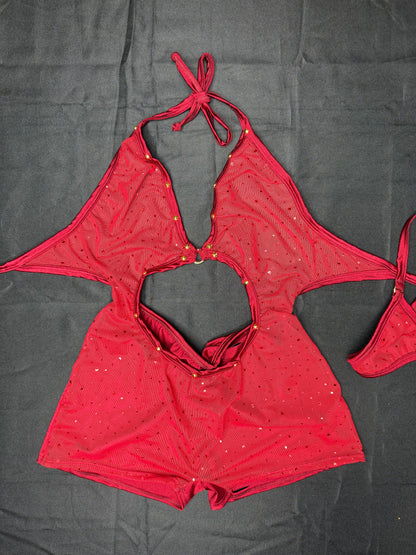 Red Mesh/Burgundy Spandex One-Piece Lingerie Outfit