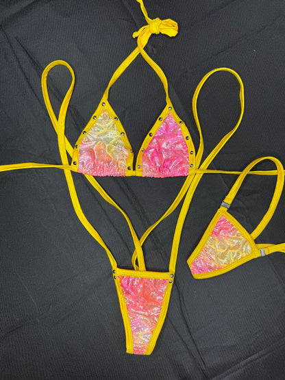 Metallic Pink/Yellow Spandex Sling-Shot Lingerie Outfit