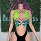 Neon Green Fishnet/Cosmic Blue/Yellow/Black Spandex One-Piece Romper Lingerie Outfit