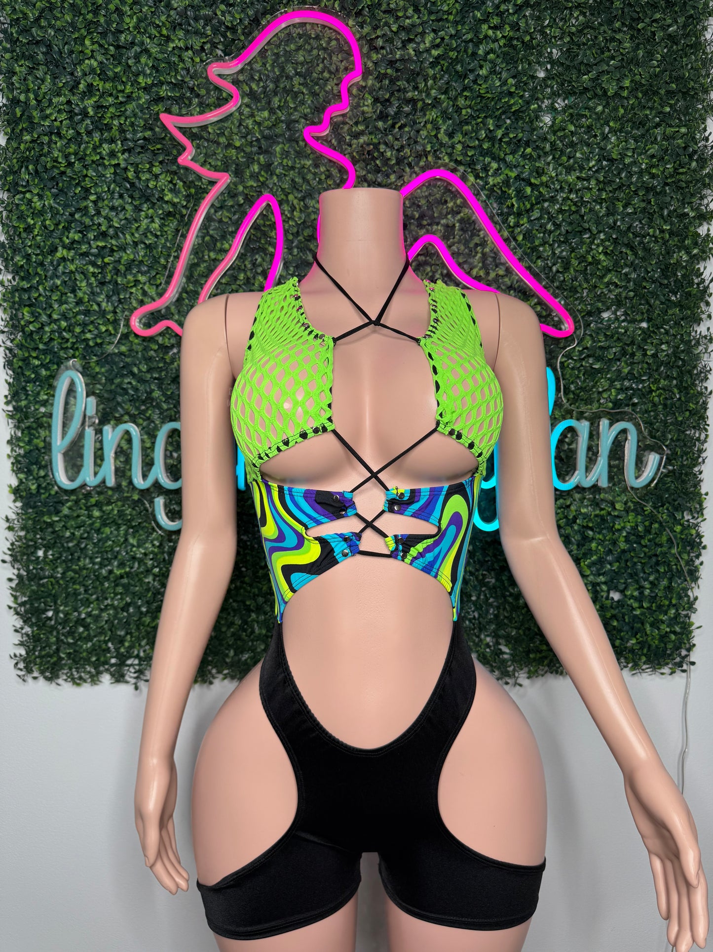 Neon Green Fishnet/Cosmic Blue/Yellow/Black Spandex One-Piece Romper Lingerie Outfit