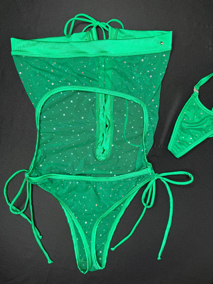 Kelly Green/Hunter Green Sparkle Mesh One-Piece Lingerie Outfit