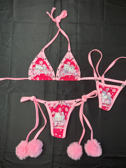 Kitty/Pink Spandex Pom Pom Bikini Lingerie Outfit