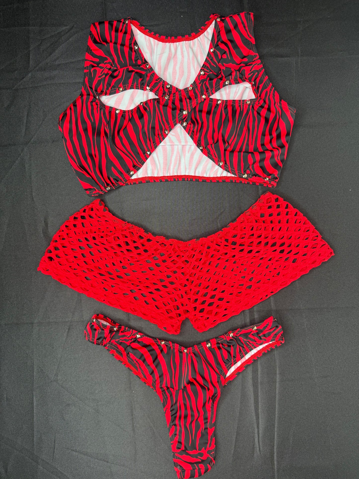 Red Tiger Animal Print Cross Top/Fishnet Short & Cheeky Thong Three-Piece Lingerie Outfit