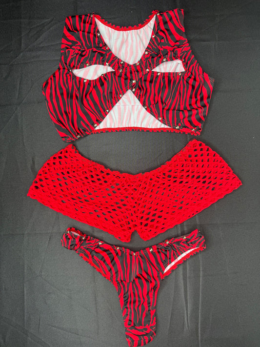 Red Tiger Animal Print Cross Top/Fishnet Short & Cheeky Thong Three-Piece Lingerie Outfit
