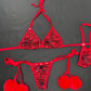 Red/Black Web Print Red Fur Two-Piece Side-Tie Bikini Lingerie Outfit