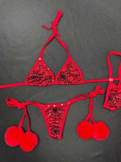 Red/Black Web Print Red Fur Two-Piece Side-Tie Bikini Lingerie Outfit