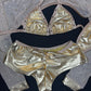 Gold Spandex/Gold Mesh Three-Piece Bikini Top/Shorts Lingerie Outfit