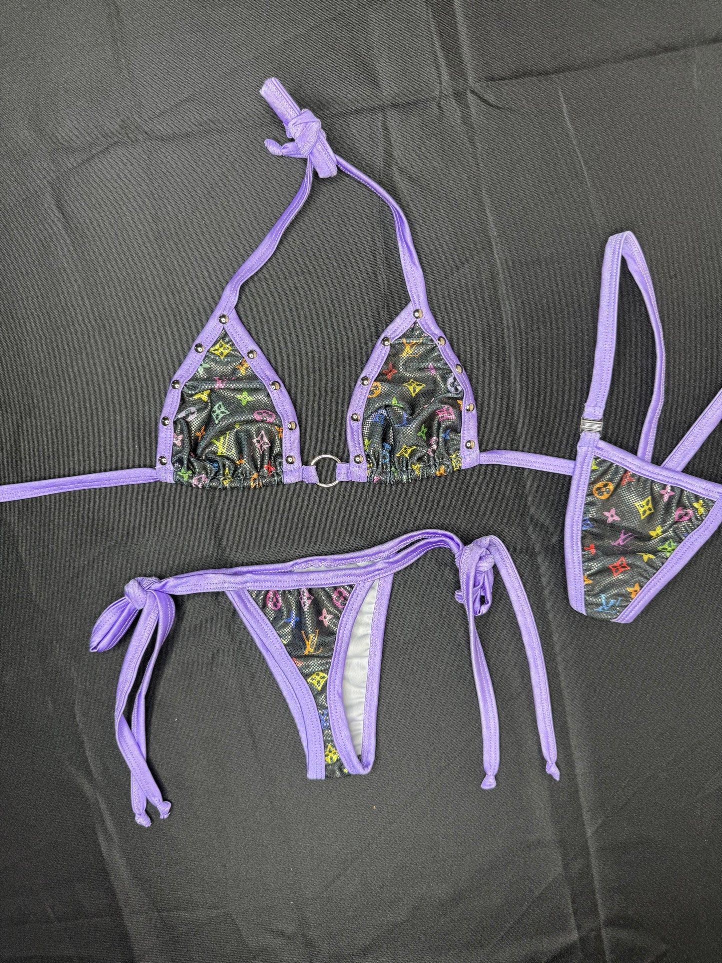 Holographic Designer Black/Lavender Spandex Two-Piece Lingerie Outfit