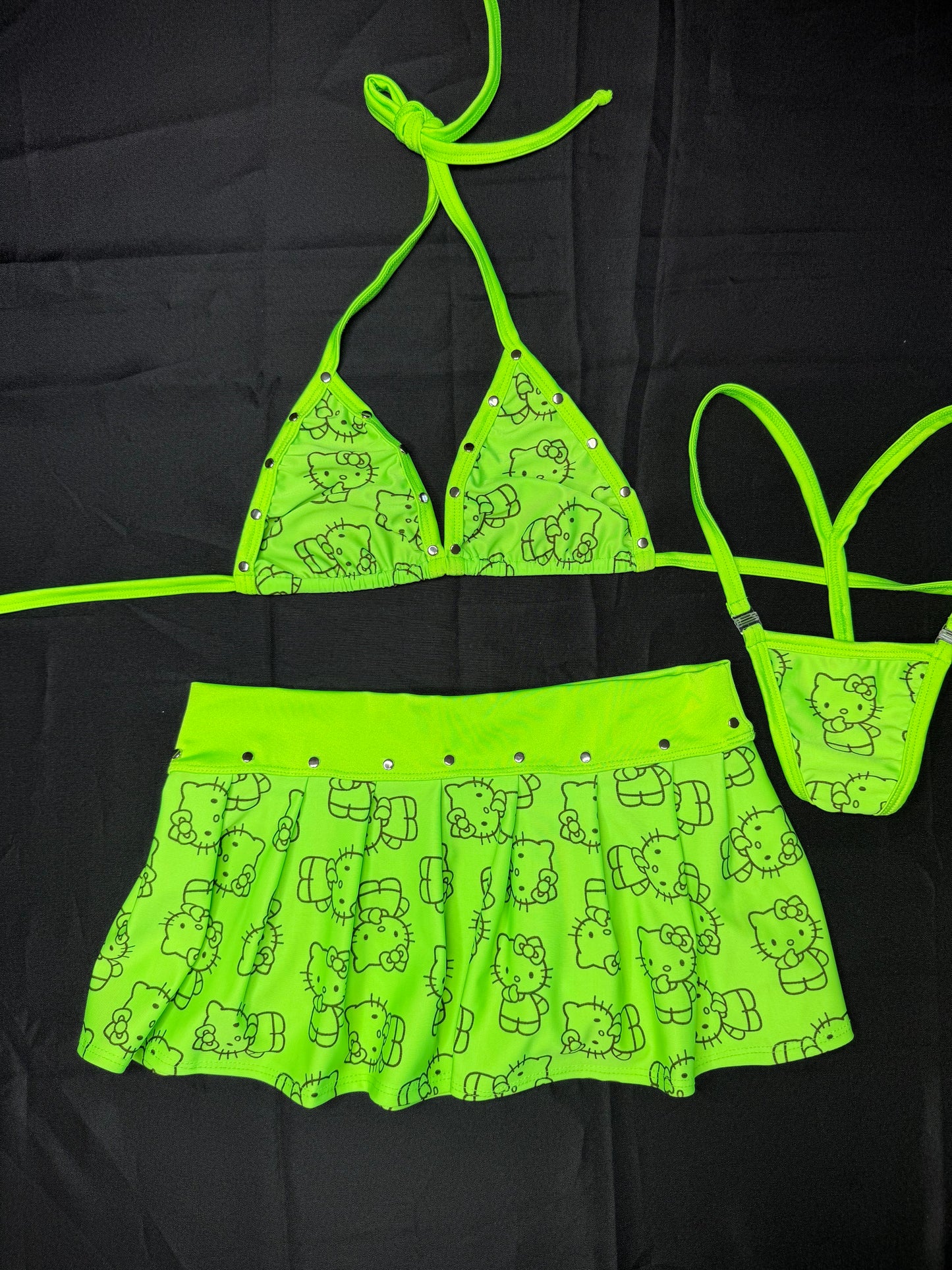Neon Green Kitty Spandex Bikini Top/Skirt Two-Piece Lingerie Outfit