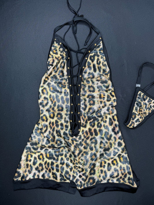 Holographic Cheetah Print One-Piece Ripped Back Lingerie Outfit