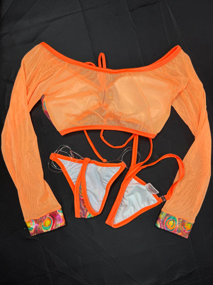 Orange Mesh/Holographic Peacock Animal Print Spandex Two-Piece Lingerie Outfit