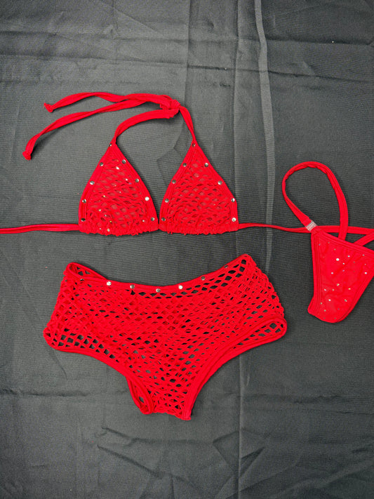 Red Fishnet Bikini Top/Shorts Two-Piece Lingerie Outfit