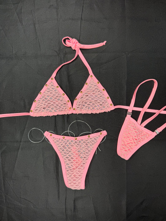 Baby Pink Fishnet Spandex Two-Piece Bikini Lingerie Outfit
