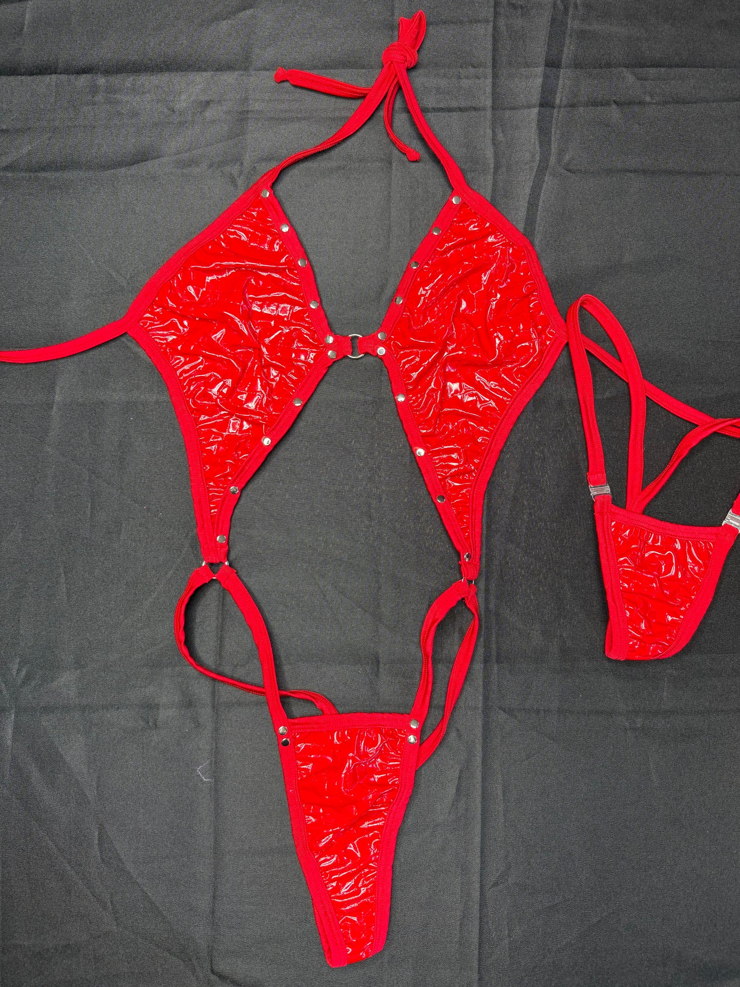 Red Latex Faux Leather One-Piece Lingerie Outfit