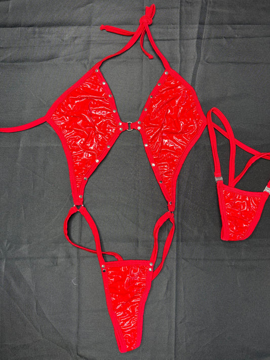 Red Latex Faux Leather One-Piece Lingerie Outfit