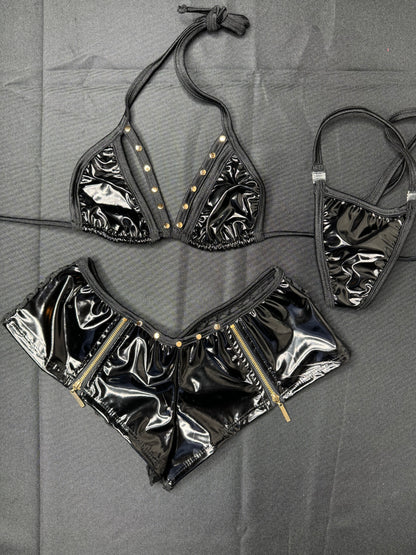 Black Latex Two-Piece Exotic Dancer Outfit