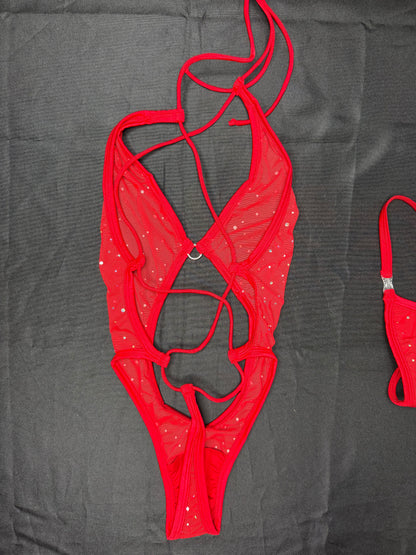 Red Sparkle Mesh One-Piece Lingerie Outfit
