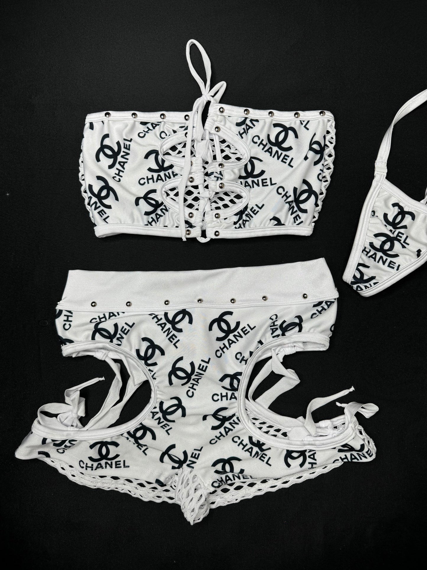 White/Black Designer Tube Top/Shorts Two-Piece Lingerie Outfit