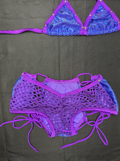 Metallic Royal Blue/Purple Spandex Bikini Top/Shorts Two-Piece Lingerie Outfit