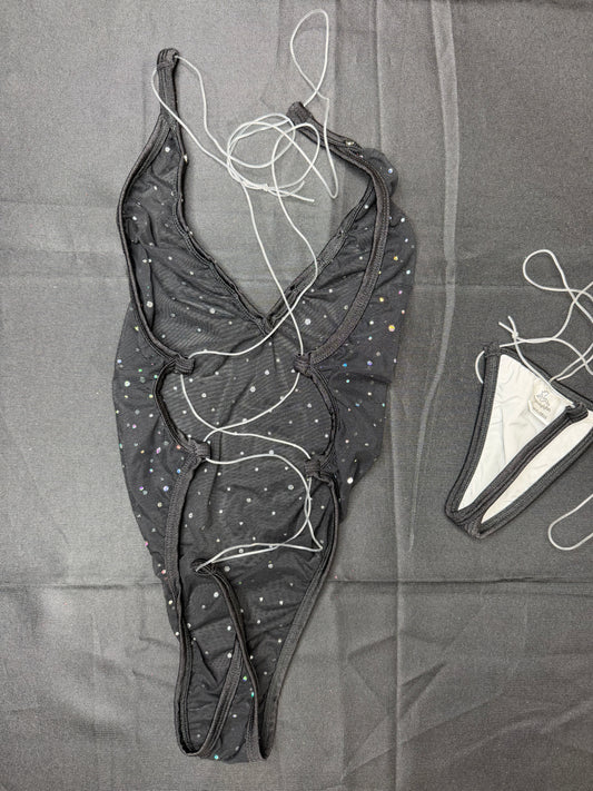 Black Sparkle Mesh/Black Spandex One-Piece Lingerie Outfit