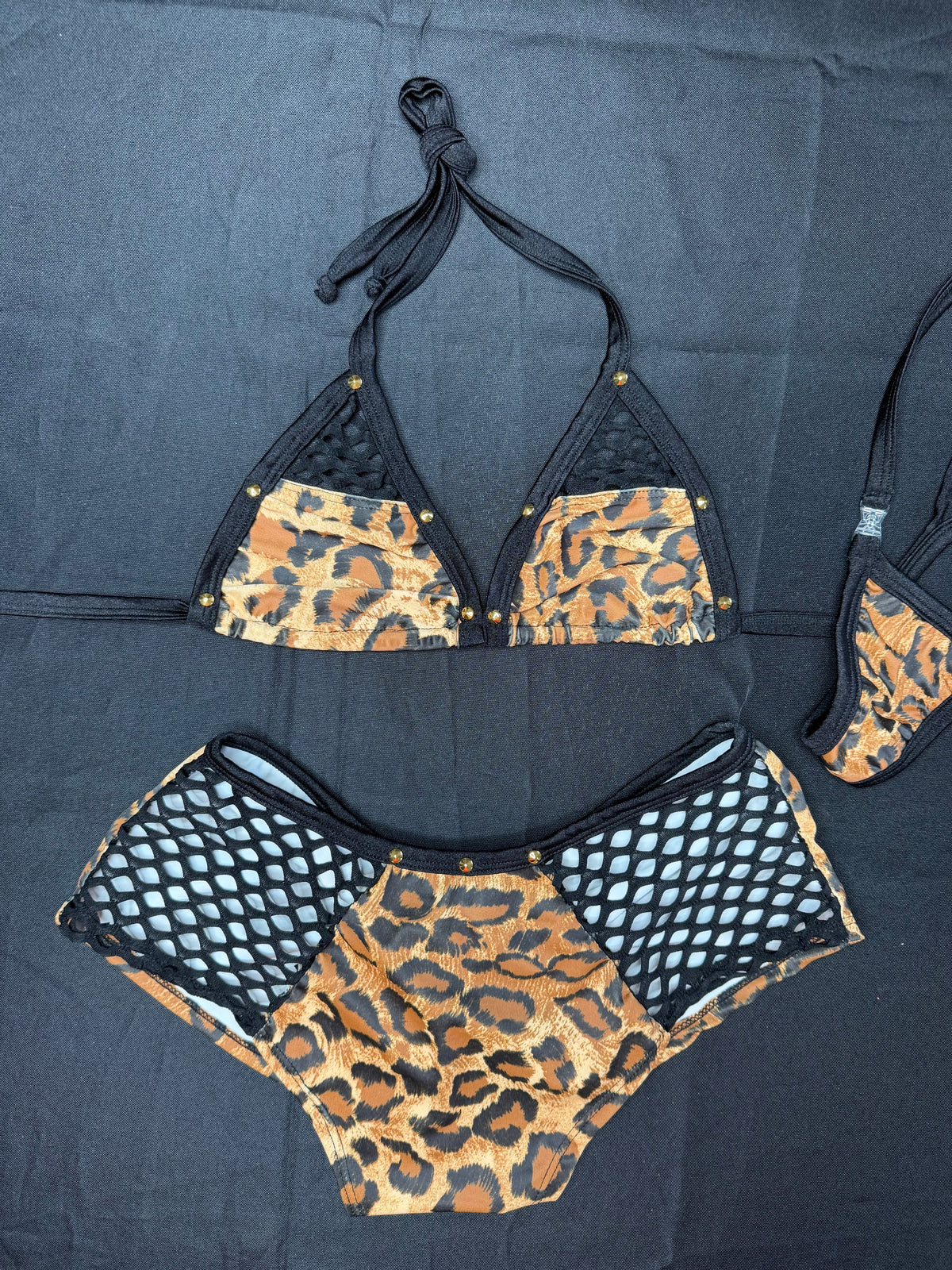 Cheetah Animal Print/Black Spandex Two-Piece Bikini Lingerie Outfit