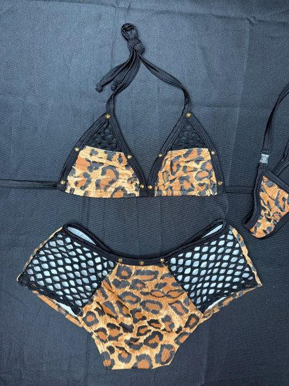 Cheetah Animal Print/Black Spandex Two-Piece Bikini Lingerie Outfit