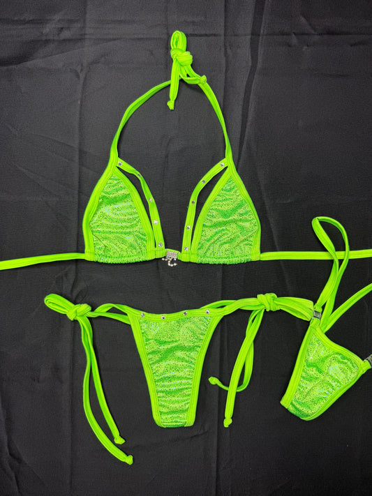 Neon Green Spandex Two-Piece Side-Tie Bikini Lingerie Outfit