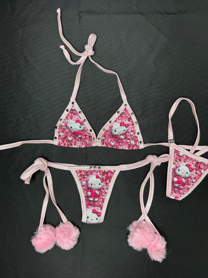 Pink/Baby Pink Spandex Fur Side-Tie Bikini Two-Piece Lingerie Outfit