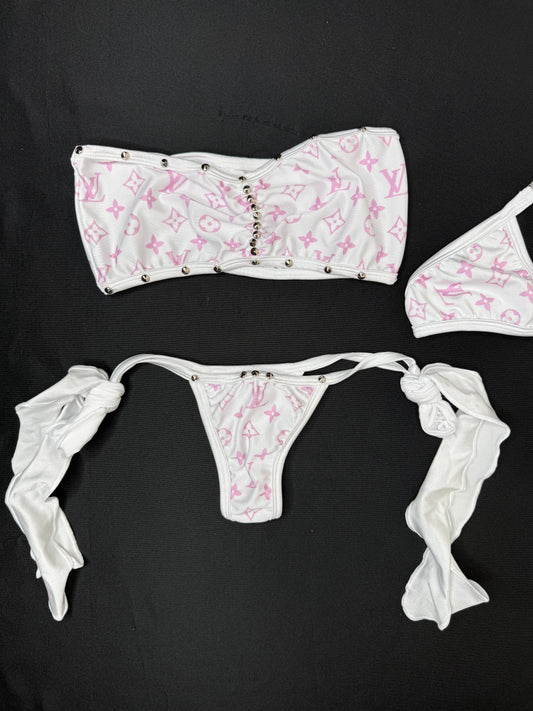 White/Baby Pink Designer Spandex Tube Top/Side Tie Bikini Bottoms Two-Piece Lingerie Outfit