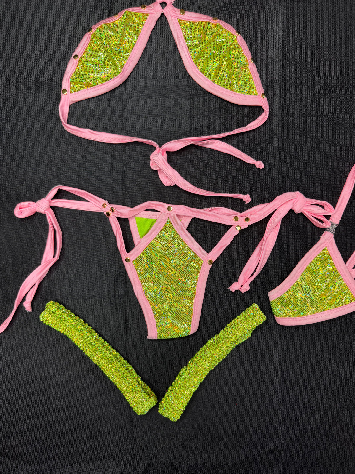 Metallic Lime Green/Baby Pink Spandex Two-Piece Bikini Garters Lingerie Outfit