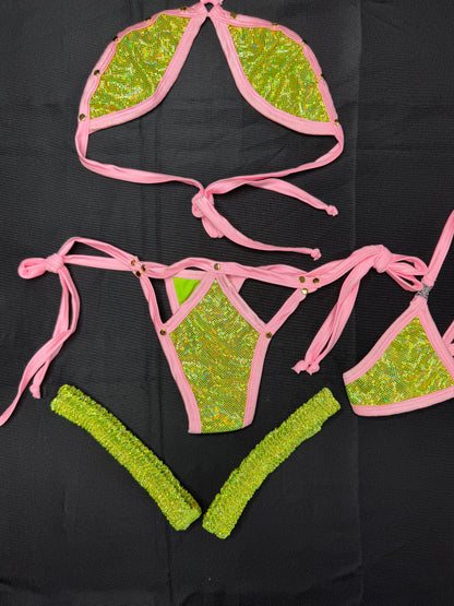Metallic Lime Green/Baby Pink Spandex Two-Piece Bikini Garters Lingerie Outfit