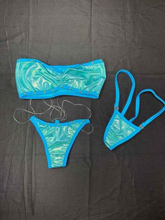 Baby Blue Spandex Tube-Top Two-Piece Bikini Lingerie Outfit