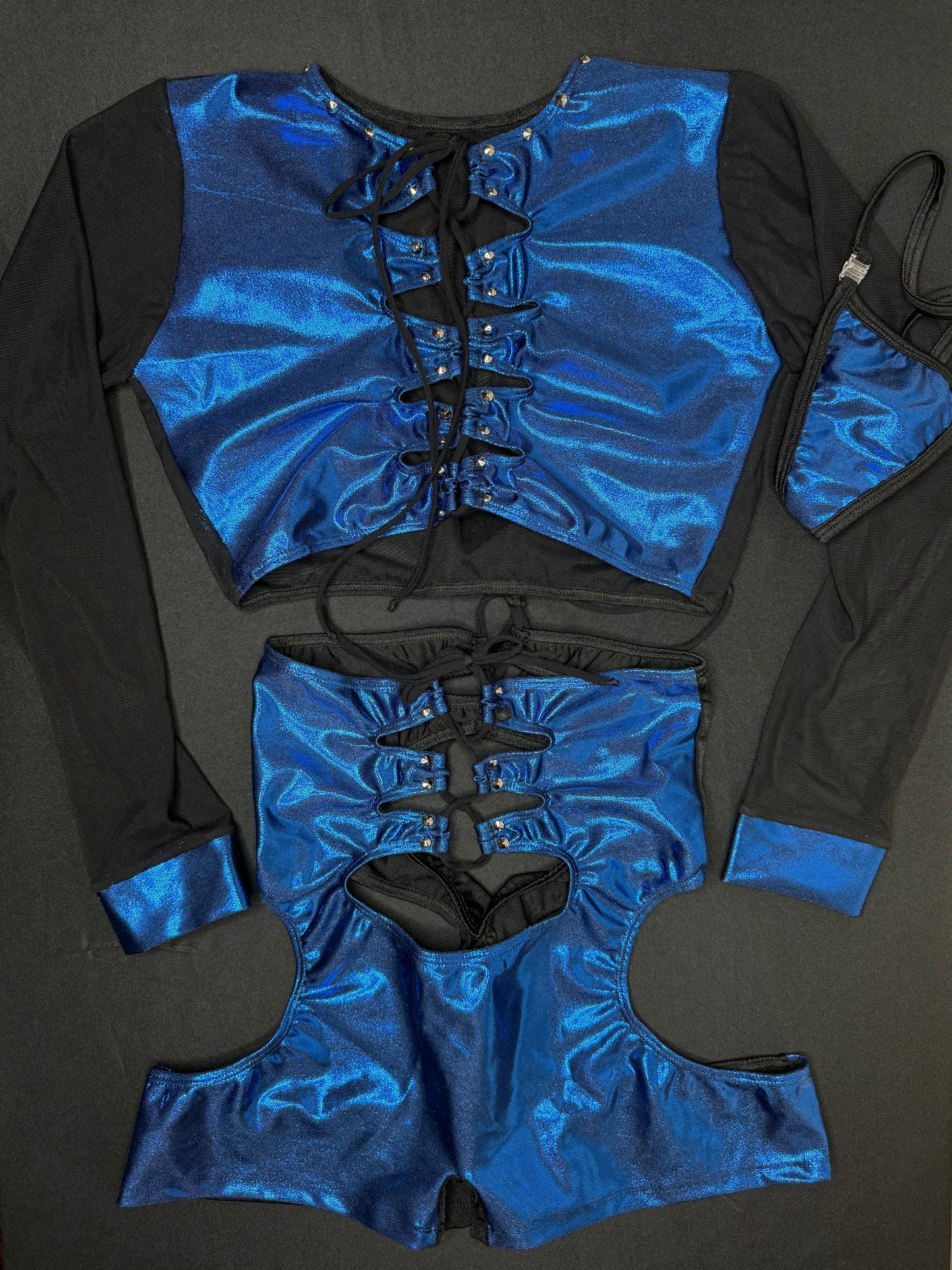 Blue Microdot Spandex/Black Mesh Long Sleeve Top/Shorts Two-Piece Lingerie Outfit