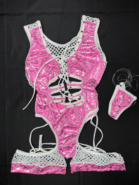 Pink Animal Print/White Fishnet Spandex Romper Lingerie Outfit