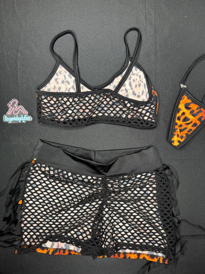 Animal Print Leopard Sports Bra Fringe Shorts Two-Piece Lingerie Outfit