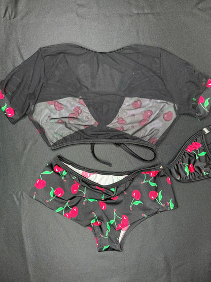 Red/Black Cherry Two-Piece Shorts Lingerie Outfit