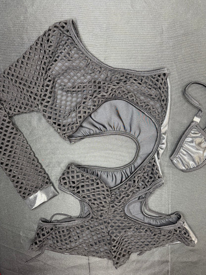 Metallic Black Spandex/Fishnet Single Sleeve One-Piece Romper Lingerie Outfit