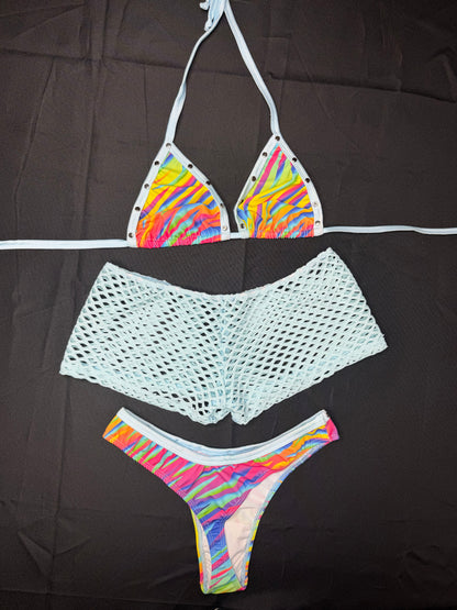 Rainbow Stripes Bikini Top/Cheeky Thong Baby Blue Fishnet Shorts Three-Piece Lingerie Outfit