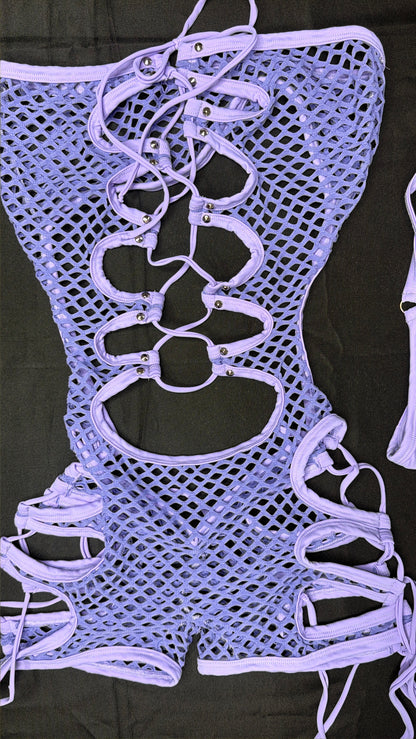 Lavender Spandex Fishnet One-Piece Lingerie Outfit