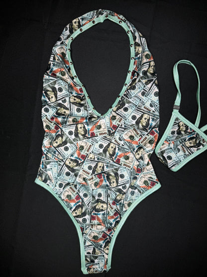 Mint $100 Bill Money One-Piece Lingerie Outfit