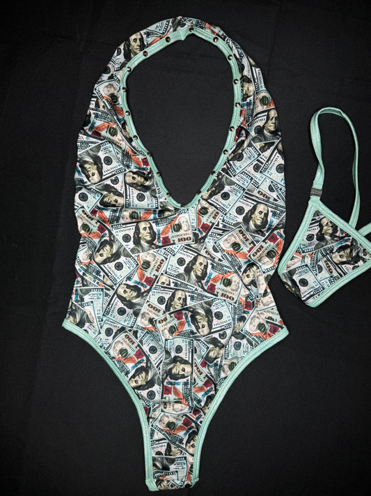 Mint $100 Bill Money One-Piece Lingerie Outfit
